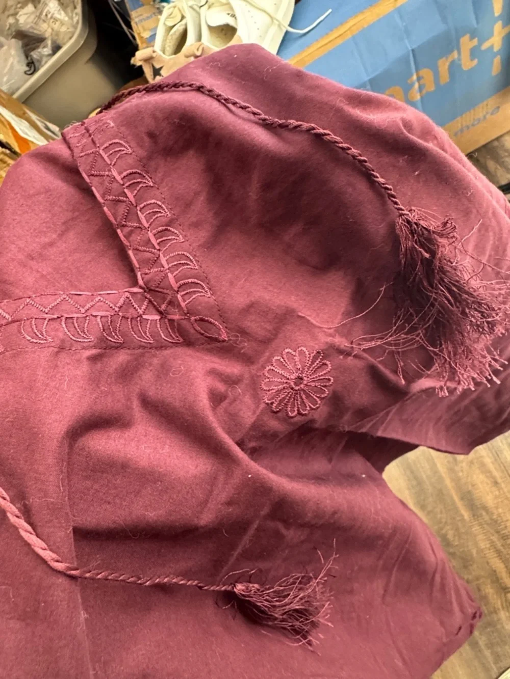 Embroidered V-Neck Tunic Top in Deep Wine